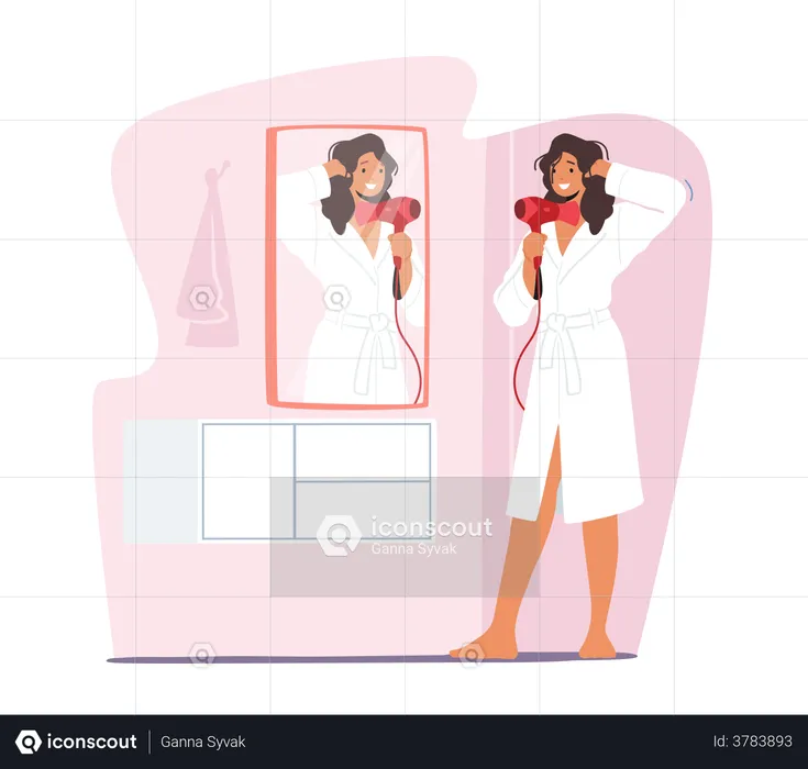 Woman Drying Hairs After Shower Using Hair Dryer  Illustration