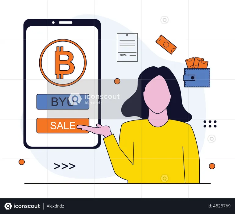 Woman earning bitcoin  Illustration