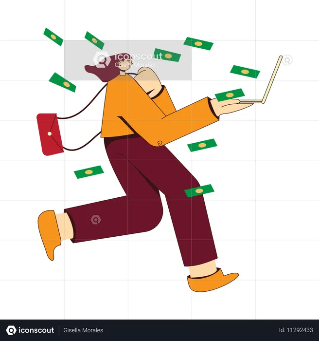 Woman earning money on laptop  Illustration