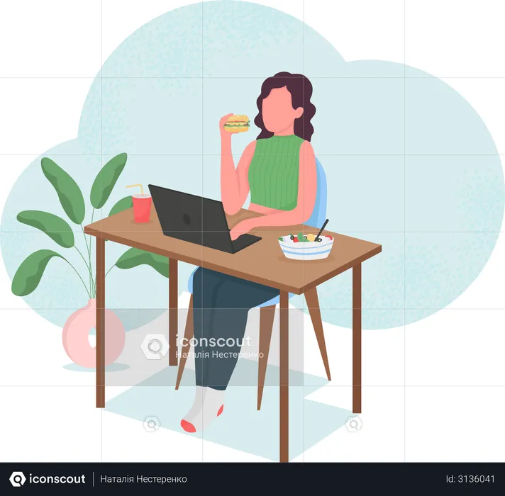 Woman eating at computer desk  Illustration
