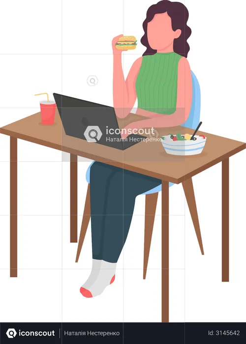 Woman eating at computer desk  Illustration