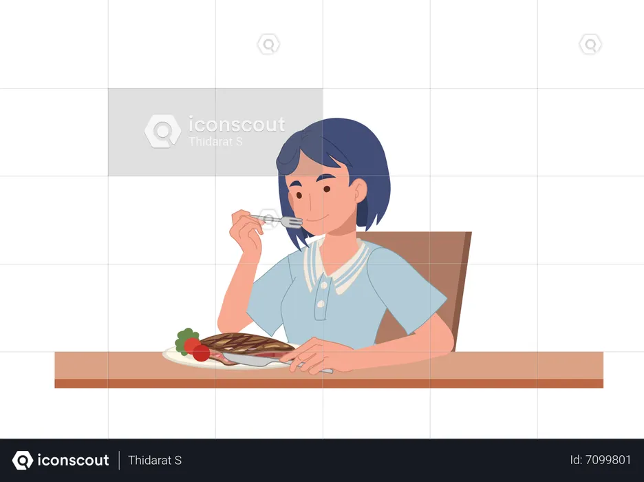 Woman eating beef steak  Illustration