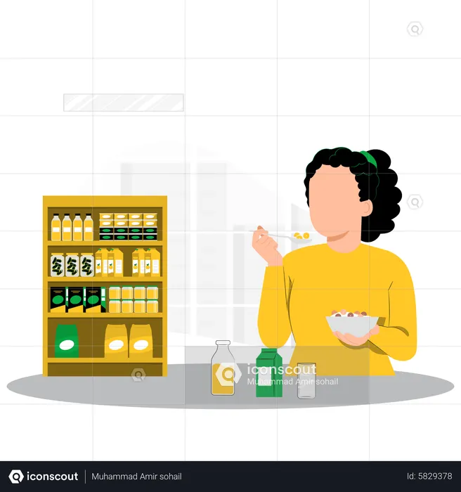 Woman eating breakfast cereal  Illustration
