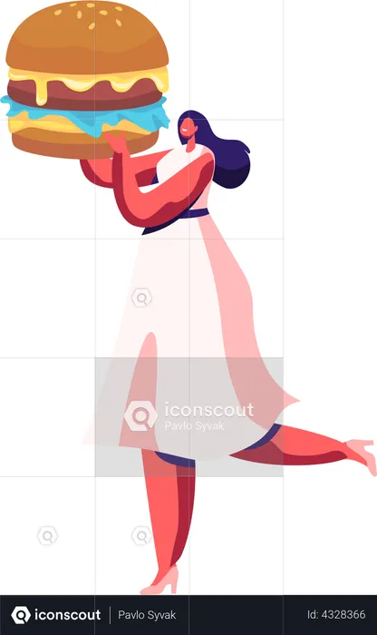 Woman Eating Burger Illustration