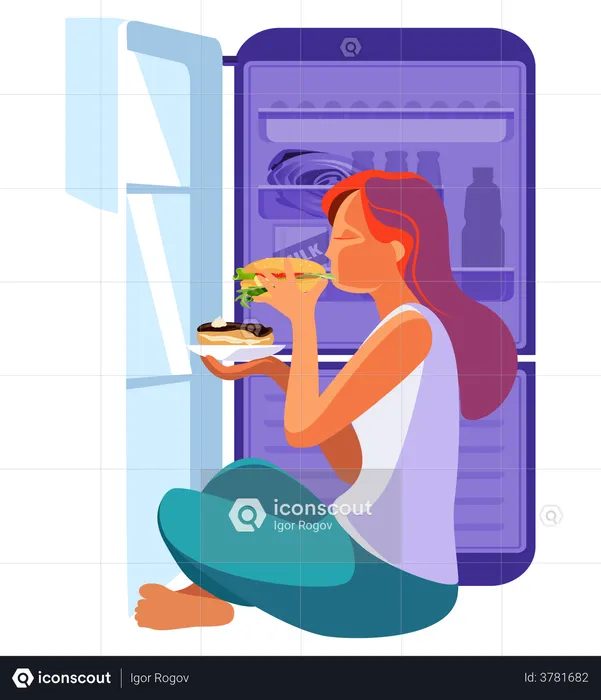 Woman eating burger at night from refrigerator  Illustration