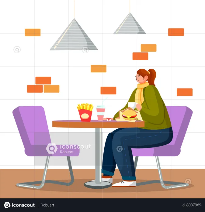 Woman Eating Burger in Fastfood Restaurant  Illustration