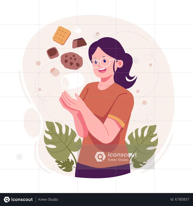 Woman eating chocolate and cookies  Illustration