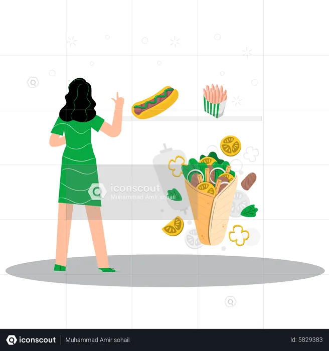 Woman eating fast food  Illustration