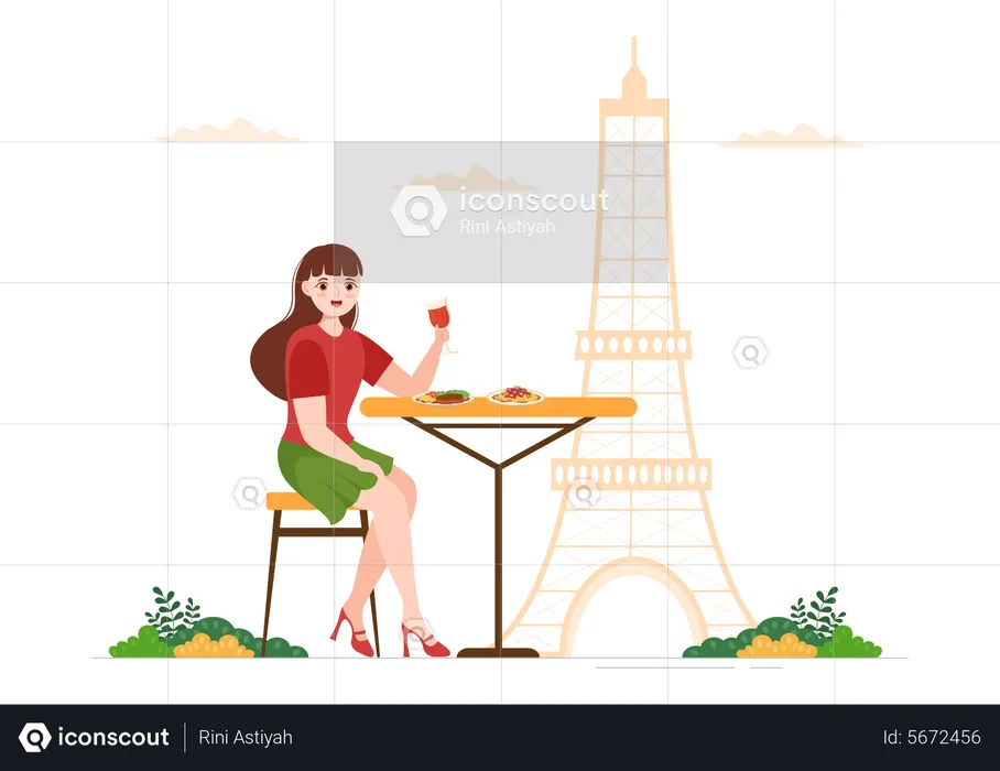 Woman Eating French Food  Illustration