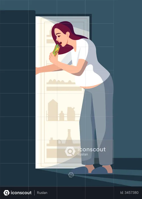 Woman Eating From Fridge  Illustration