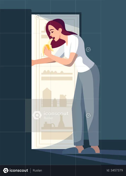 Woman Eating From Fridge  Illustration