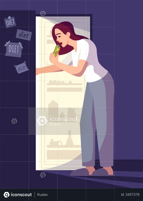 Woman Eating From Fridge  Illustration