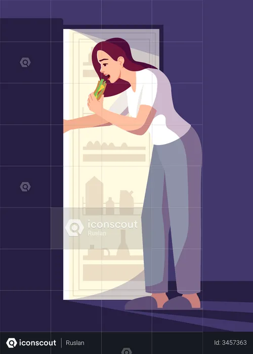 Woman Eating from refrigerator At Night  Illustration
