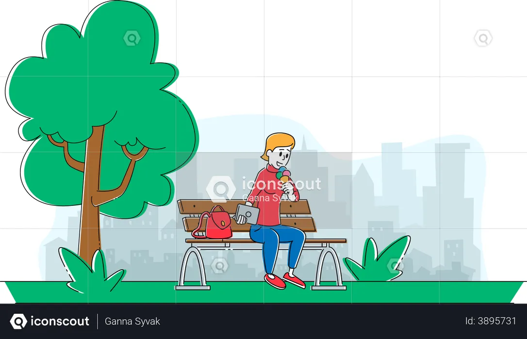 Woman eating ice-cream while sitting at park bench  Illustration