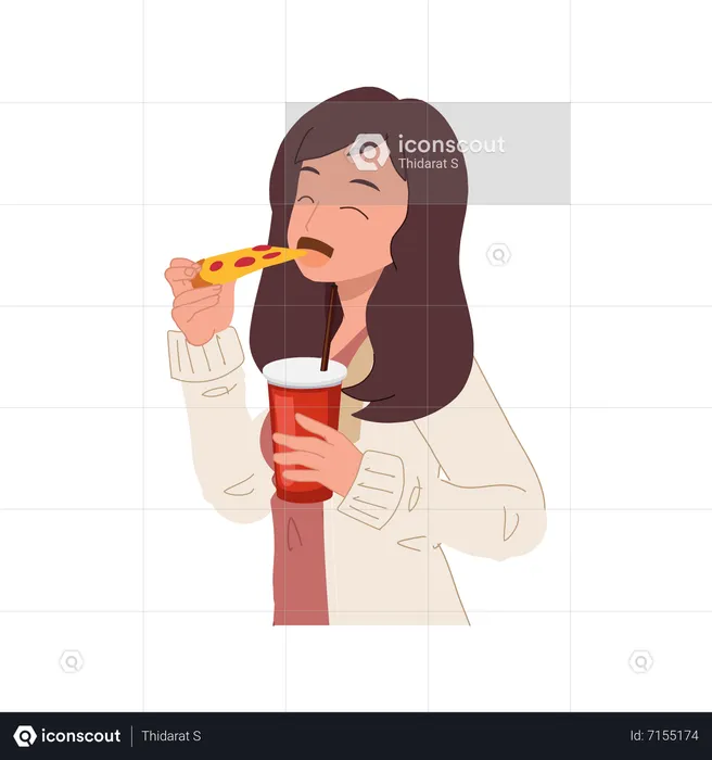 Woman eating pizza and holding glass of soft drink  Illustration