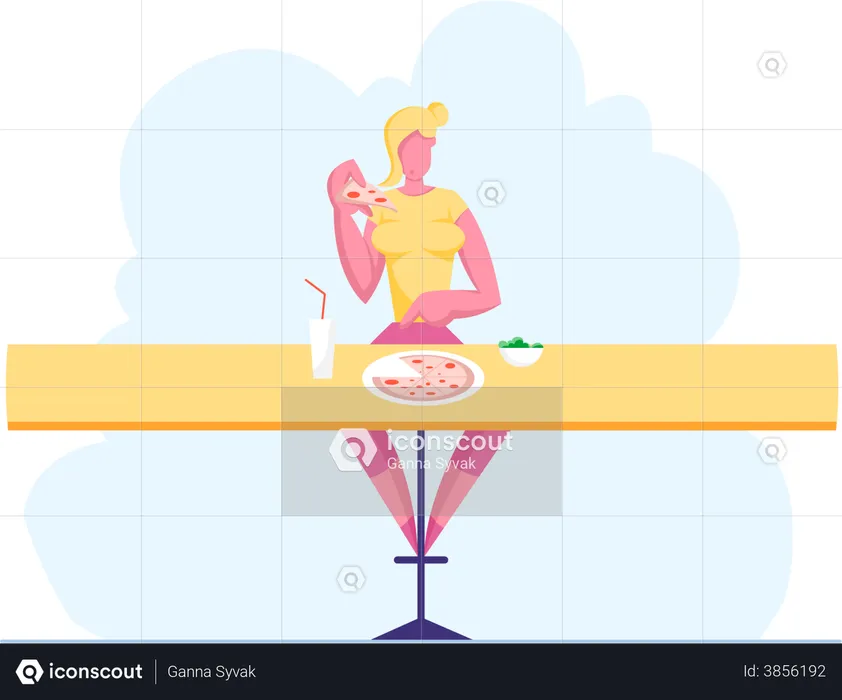 Woman eating pizza at a pizza store  Illustration