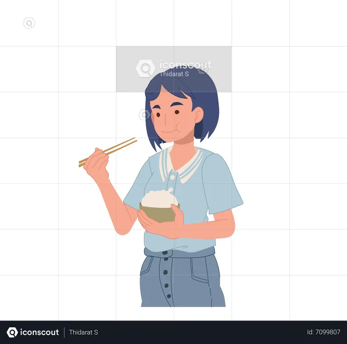 Woman eating rice with chopstick  Illustration
