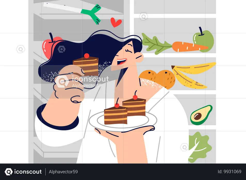 Woman eats dessert while breaking diet due to lack of willpower  Illustration