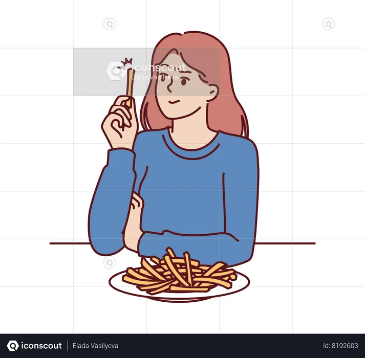 Woman eats french fries without thinking about health risks of fast food  Illustration