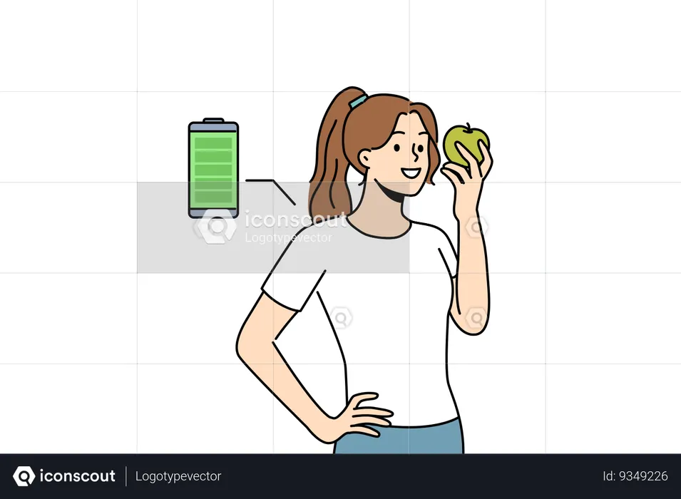 Woman eats fresh apple to recharge with energy and vitamins from fruit bought at farmers market  Illustration