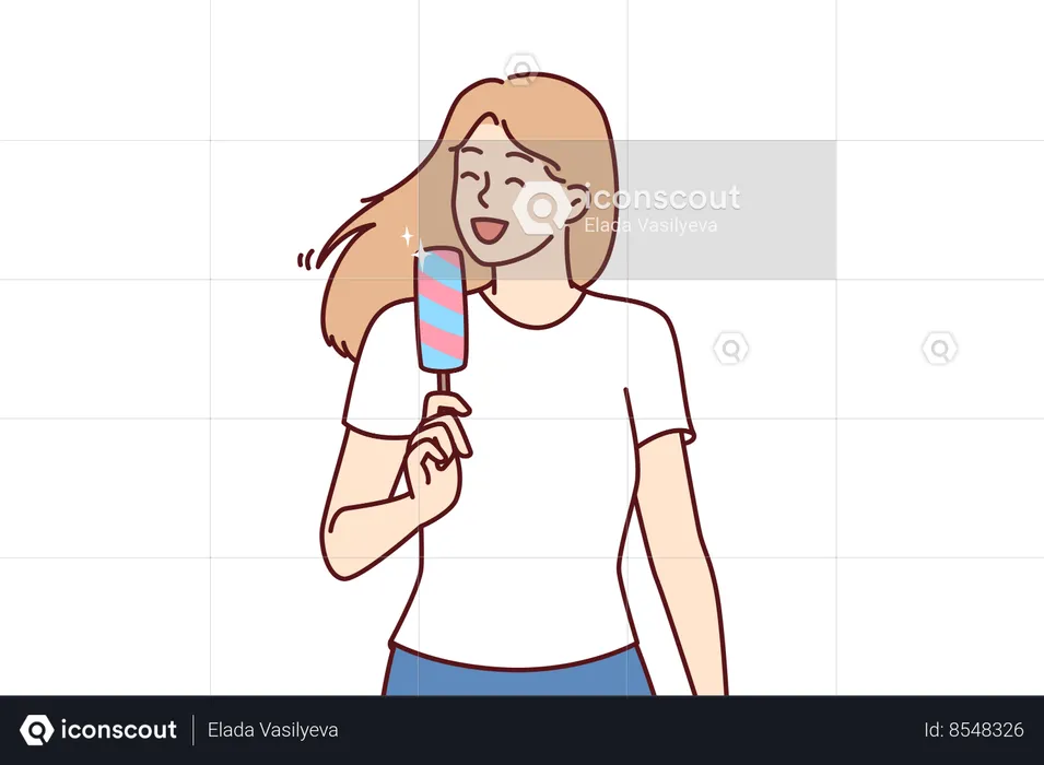 Woman eats ice cream to cool off in hot summer weather  Illustration