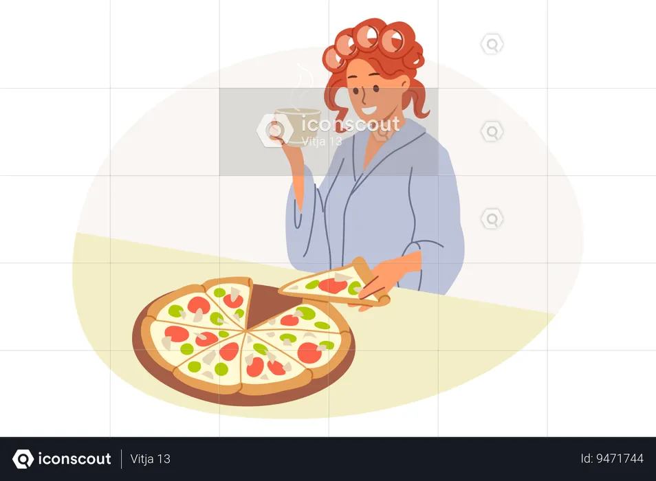 Woman eats italian pizza and drinks coffee standing in kitchen of house in curlers and bathrobe  Illustration