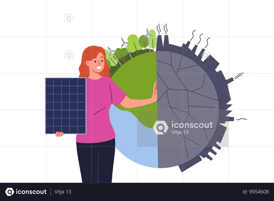 지구 근처에 태양광 패널을 설치하고 대체 에너지 개발을 촉구하는 여성 ECO 활동가  일러스트레이션