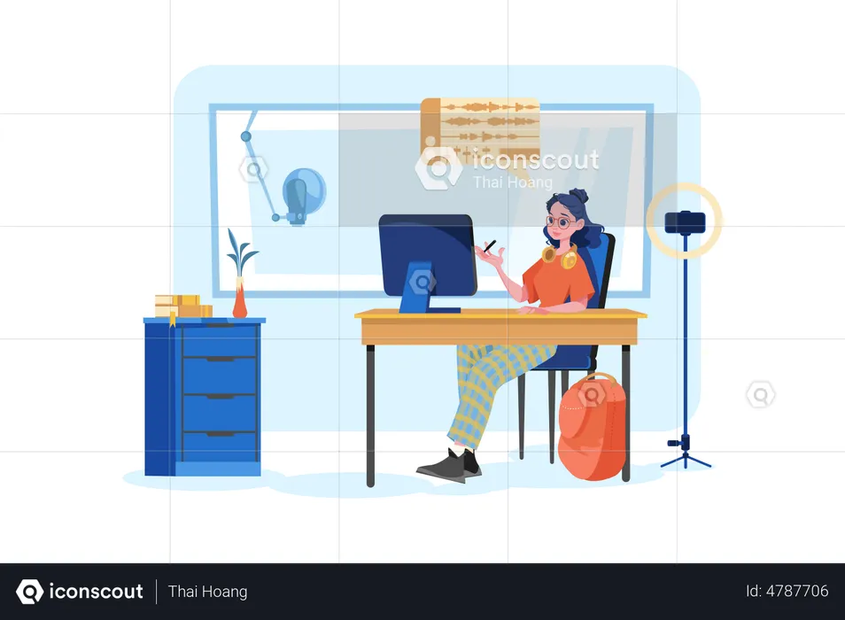 Woman editing podcast at the studio  Illustration