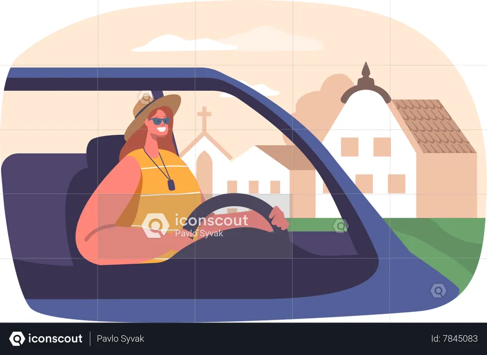Woman Embarks On A Road Trip  Illustration