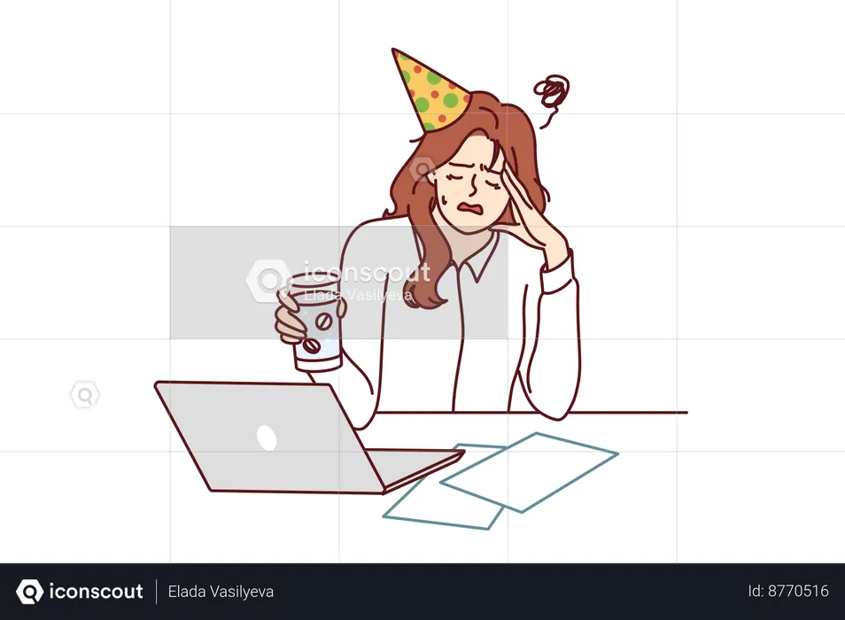 Woman employee suffers from headache after party  Illustration