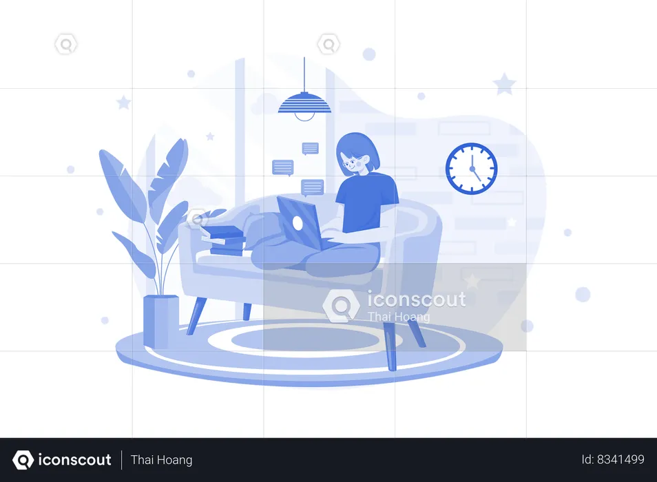 Woman Employee Working From Home While Seating On The Couch  Illustration