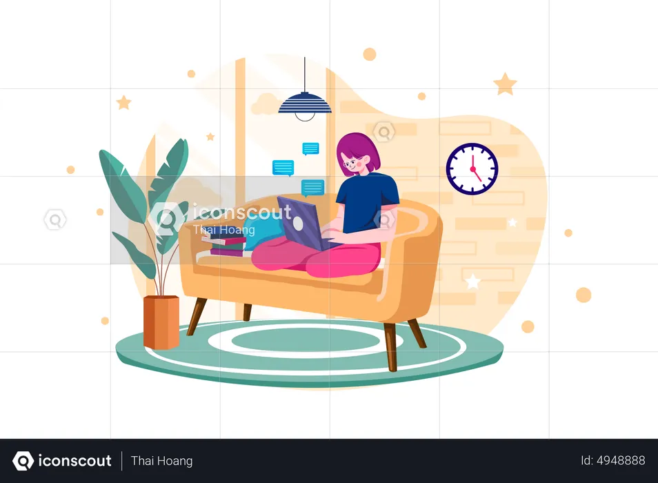 Woman Employee working from home while seating on the couch  Illustration