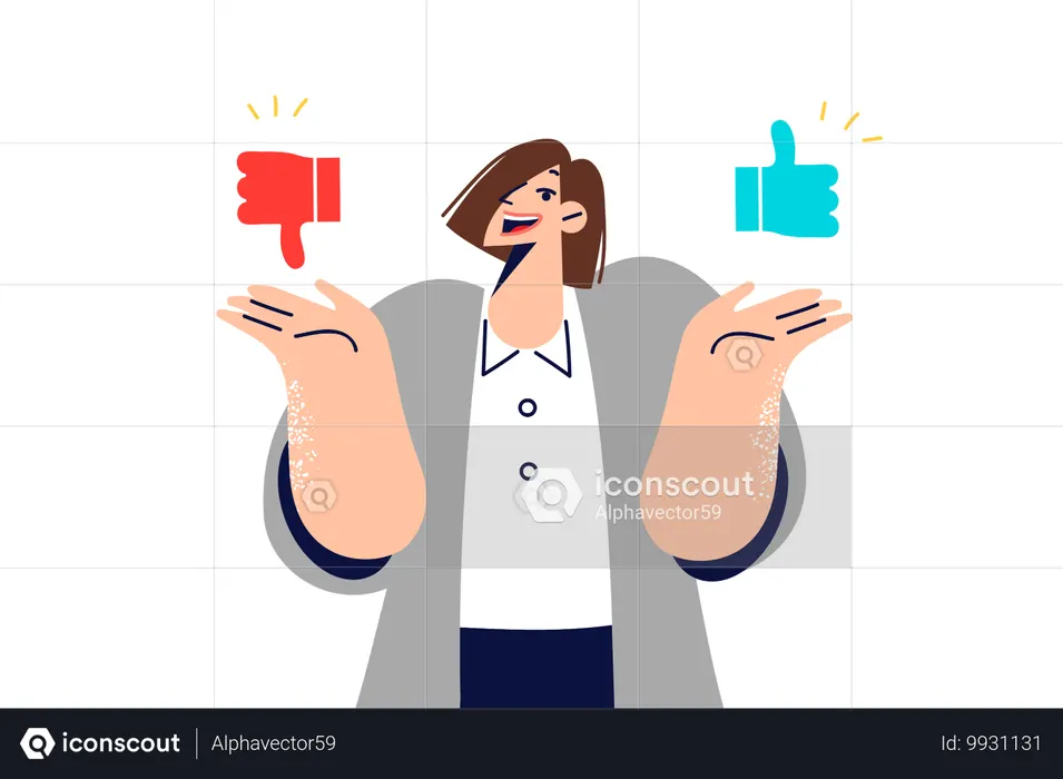 Woman encourages giving feedback and sharing user experience while holding thumbs up or down  Illustration