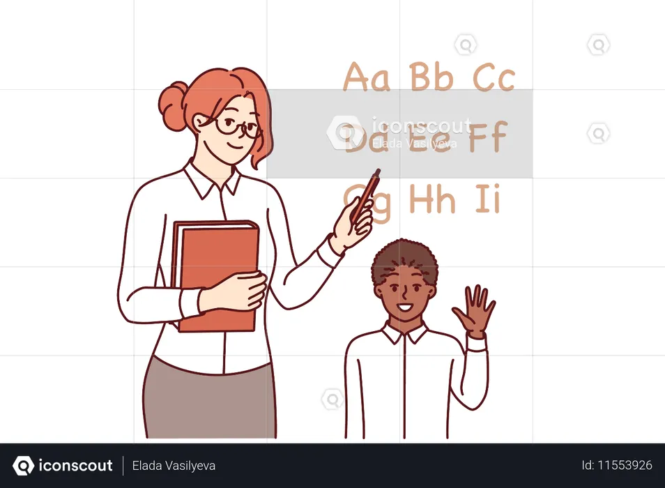 Woman english teacher teaches little boy to read by pointing to letters of alphabet  Illustration