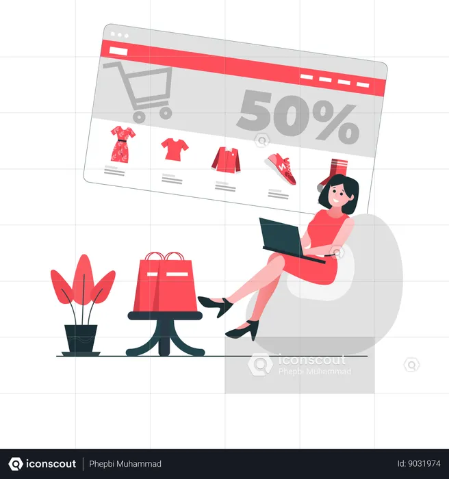 Woman Enjoy Discount at Home  Illustration