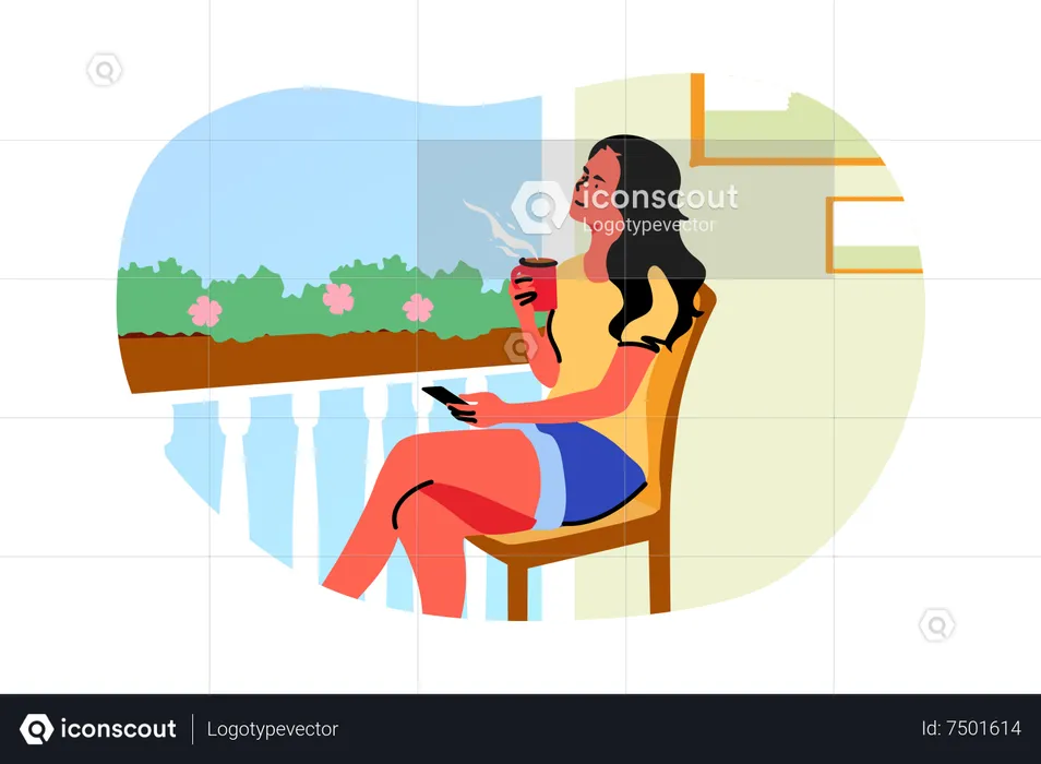 Woman enjoying coffee outside balcony  Illustration