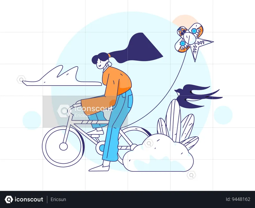 Woman enjoying cycling in garden  Illustration