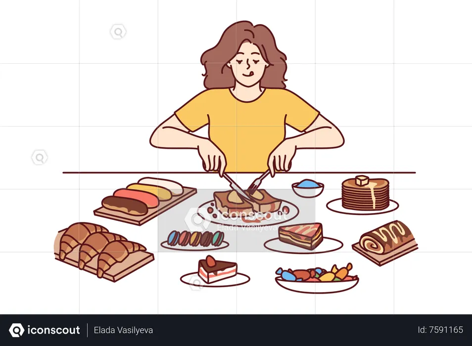 Woman enjoying delicious cakes  Illustration