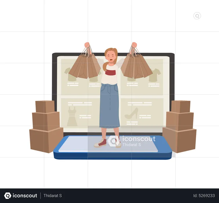 Woman enjoying online shopping  Illustration
