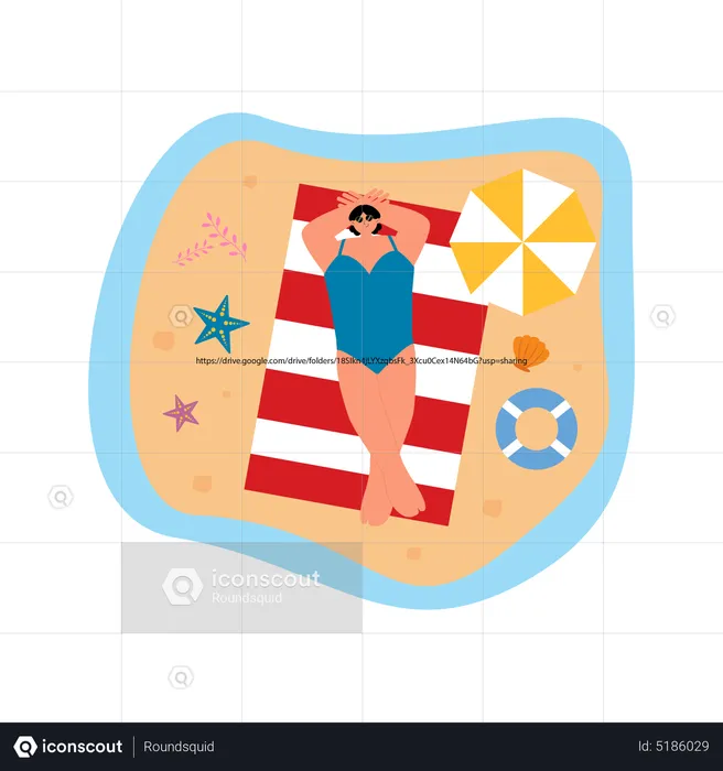 Woman enjoying sunbath at beach  Illustration