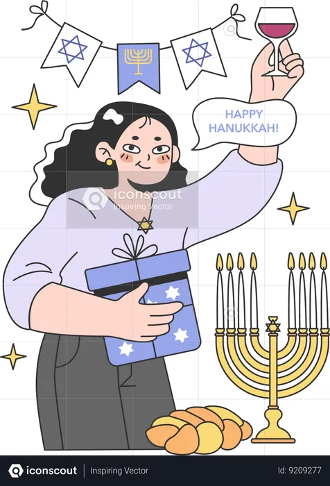 Woman enjoys alcohol in Hanukkah party  Illustration