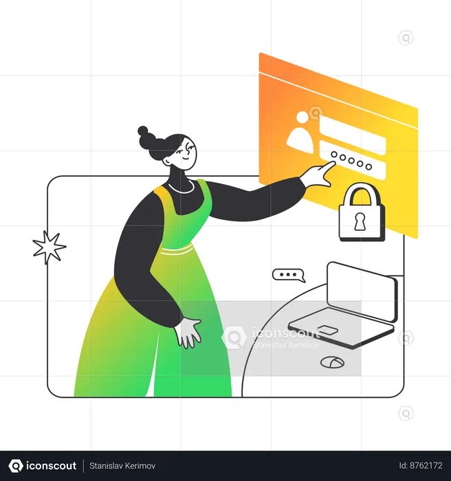 Woman enters password at work  Illustration