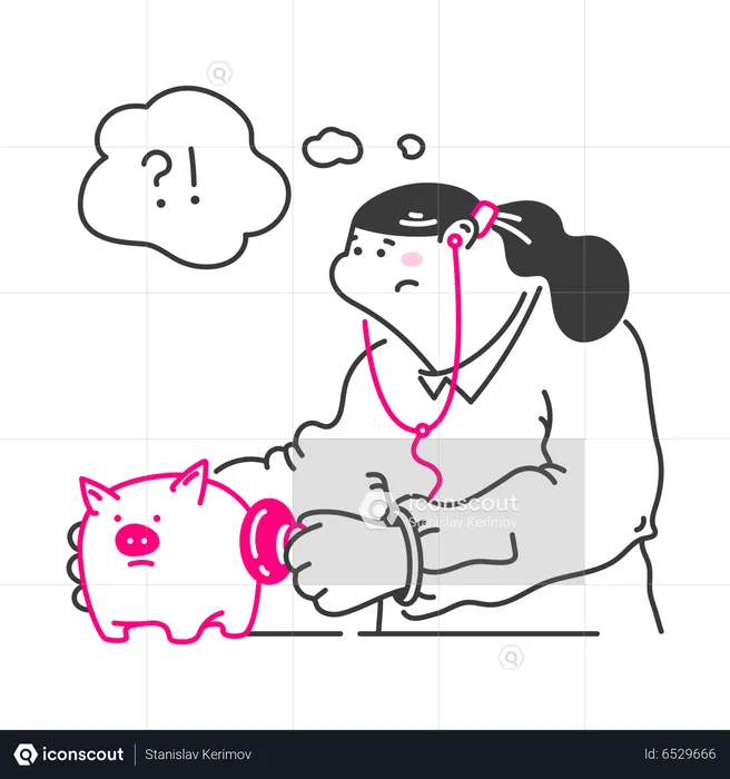 Woman examining piggy bank savings  Illustration