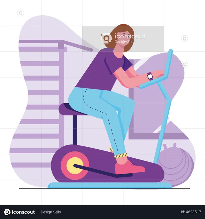 Woman exercise using gym cycle  Illustration
