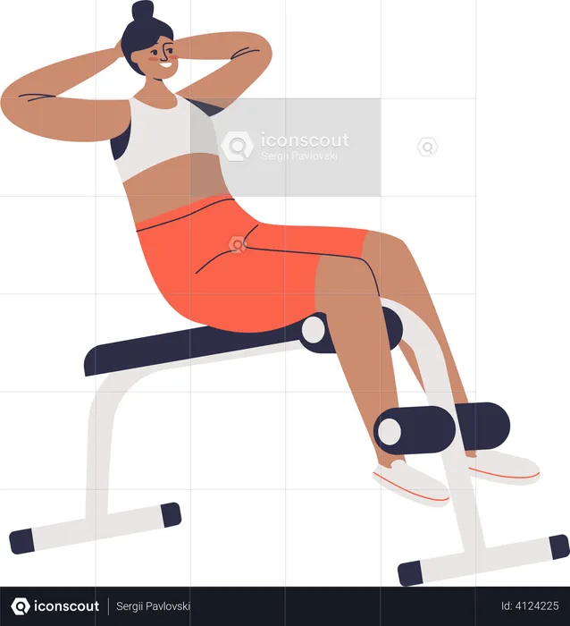 Woman exercising on abdominal bench doing crunches for abs muscles training  Illustration