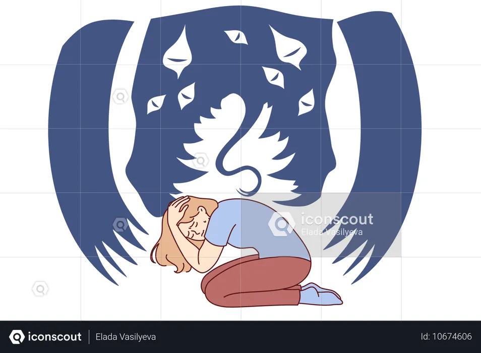 女性がパニック発作を起こし、恐ろしい怪物を見る幻覚に苦しむ  イラスト