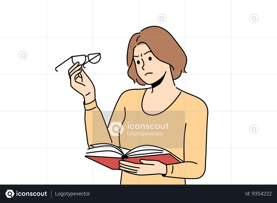 Woman experiences vision problems reading book and looks at glasses with upset grimace  Illustration