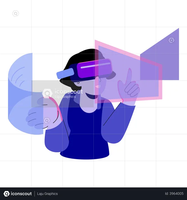 Woman experiencing metaverse technology using VR headset  Illustration