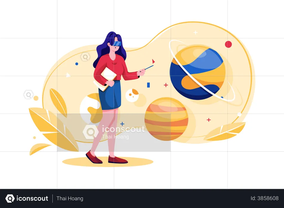Woman experiencing space environment using VR technology  Illustration