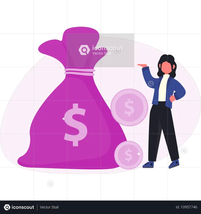 Woman explaining dollar coin bag  Illustration